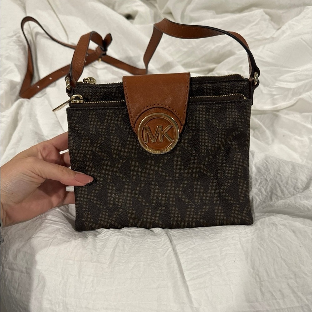 Michael Kors Dark Brown and Tan Crossbody Bag